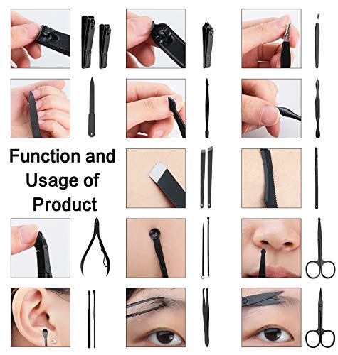 ESARORA Manicure Set, 18 in 1 Stainless Steel Professional Pedicure Kit Nail Scissors Grooming Kit with Black Leather Travel Case