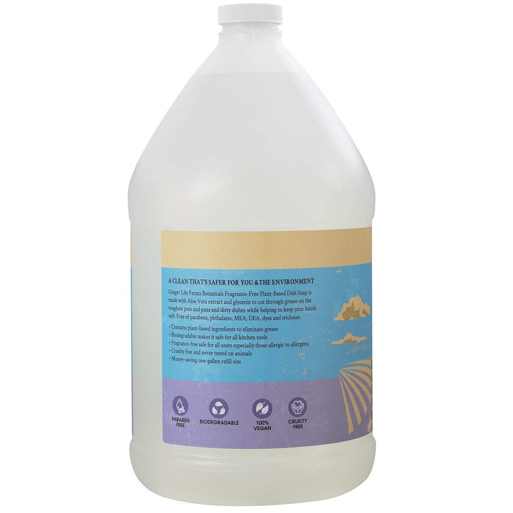 Ginger Lily Farms Botanicals Plant-Based Liquid Dish Soap, Concentrated Formula with Max Grease Cleaning Power, Cruelty-Free, Fragrance-Free, 1 Gallon Refill (128 Fl. Oz.), Clear
