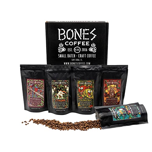 Bones Coffee Company World Tour Sample Pack Gift Set, Medium Roast Ground Bean Coffee Low Acid Flavored Coffee Beans (4 oz, Pack of 5)