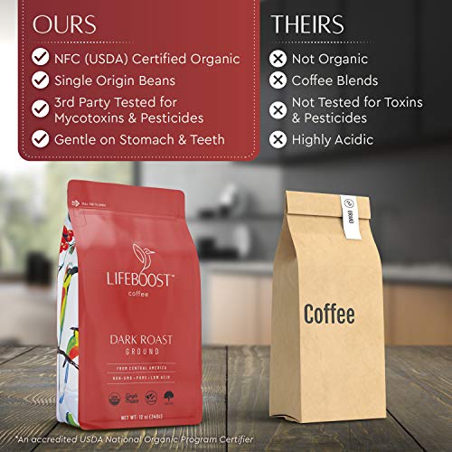 Lifeboost Coffee Dark Roast Ground Coffee - Low Acid Single Origin USDA Organic Coffee - Non-GMO Ground Coffee Beans Dark Roast Third Party Tested For Mycotoxins & Pesticides - 12 Ounces