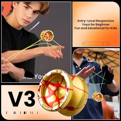 MAGICYOYO V3 Dual Purpose Metal Yoyo for Kids 8-12 & Adults, Responsive Yoyo Professional and Unresponsive Yo yo for Adults, Trick Yo-yo with 12 Strings, Bearings & Carry Case（Golden Red Splash）