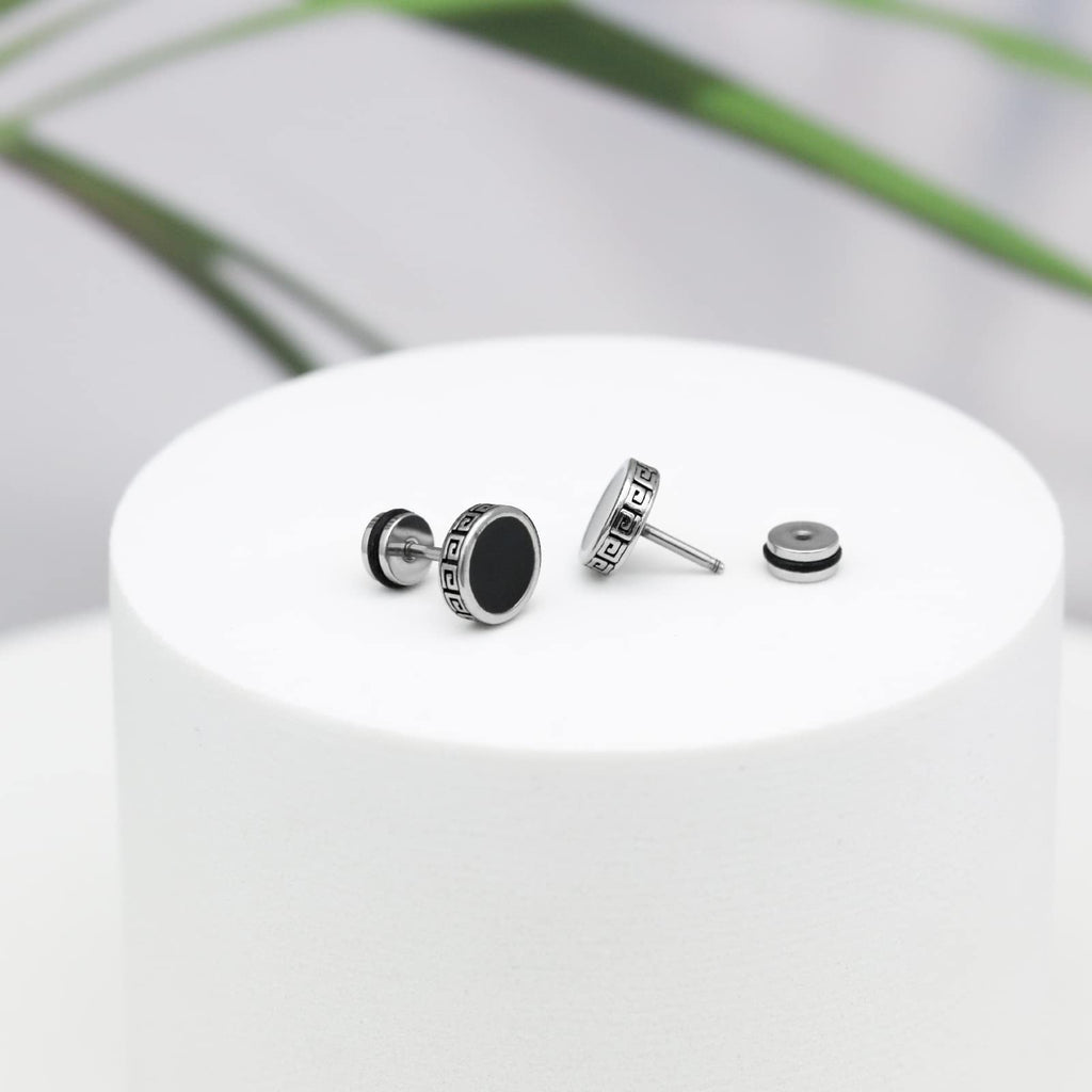 【Hypoallergenic Earrings for Men】-18G Flat Mens Surgical Steel Black Stud Earring 10mm (0.4")-【For Sensitive Skin & New Piercings】 Textured Brick Design Pair 0.28oz Men's jewelry-Para Hombre (Black)