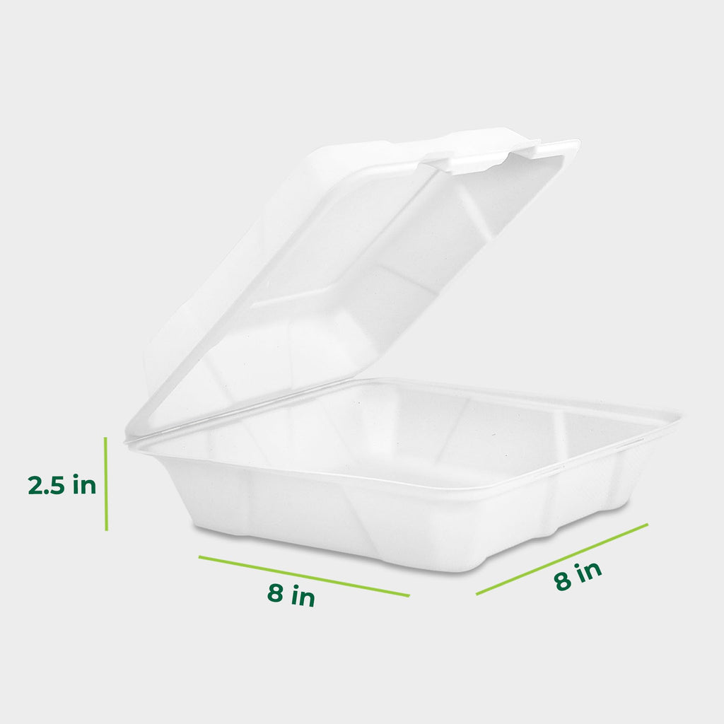 Freshware Compostable Clamshell Food Containers - 8x8" 50-Pack, Biodegradable Sugarcane To Go Boxes, Heavy Duty Paper Container - Microwave & Freezer Safe, Stackable