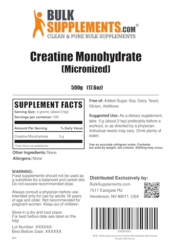 BulkSupplements.com Creatine Monohydrate Powder - Creatine Pre Workout, Creatine for Building Muscle - 5g (5000mg) of Micronized Creatine Powder per Serving, Creatine Monohydrate 500g (1.1 lbs)