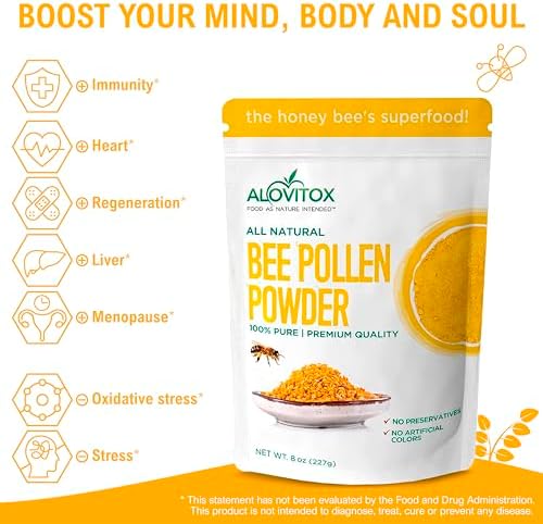 Alovitox Bee Pollen Powder | 100% Pure, Natural Raw Bee Pollen - Antioxidants, Proteins, Vitamins B6, B12, C and A, Amino Acids and More | Non-GMO, Vegan | 8z