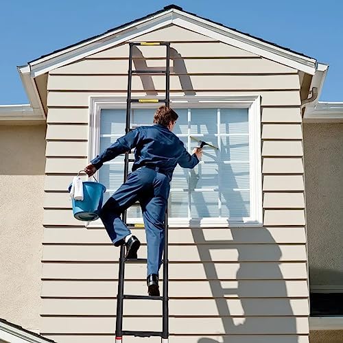 BOCOM 14.5 FT Aluminum Telescoping Ladder, Lightweight Multi-Purpose Collapsible Extension with 2 Triangle Stabilizers, Heavy Duty 330 lbs Max Capacity, Ideal for Home, RV, and Outdoor Work Black