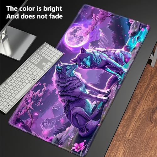 Playmats for Magic: The Gathering MTG Card Game Mat Plus 50 Pcs Card Sleeves, 24 x 14 inch TCG Mat with Stitched Edge for Commander Deck Duskmourn Board Game, Purple Moon Wolf