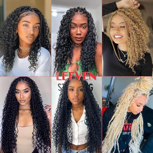Leeven 20 Inch Water Wave Braiding Hair for Boho Braids Bulk Human Hair Mixed Synthetic Hair 180g Natural Black No Weft Wet and Wavy Curly Hair Bundle for Goddess Braids Twists (2 Bundles, 1B)