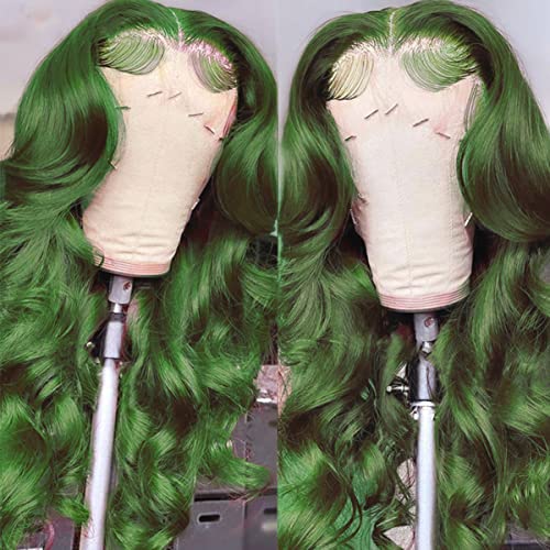 Green Lace Front Wigs Human Hair Body Wave 13x4 HD Lace Frontal Wig Pre Plucked with Baby Hair Dark Green Colored Brazilian Lace Front Human Hair Wigs Glueless 150% Density 18 inch
