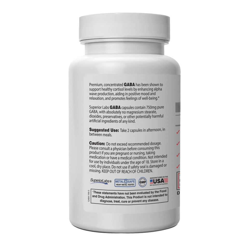 Superior Labs | GABA Supplement 750mg | Maximum Strength Mood Enhancement | Natural Relief of Simple Nervous Tension, Promotes Mood Balance, Sleep Quality, and Natural Brain Function*