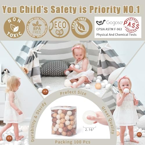 GOGOSO Ball Pit Balls for Toddler, Baby Plastic Playballs Kids Soft Pastel Pelotas Non-Toxic BPA-Free,Cream Coffee+Khaki+White,100 Balls