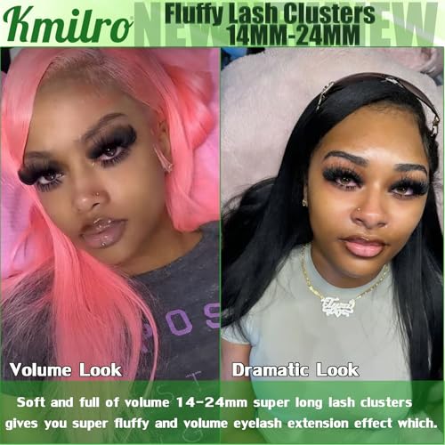 Kmilro Thick Lash Clusters Kit 14-24mm Long 240D Fluffy Cluster Eyelash Extensions Waterproof D Curl Volume Individual Lashes Kit with Bond and Seal Lash Tweezers 192Pcs Wispy DIY Eyelash Extension