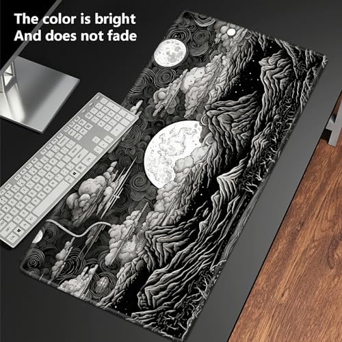 for MTG Playmat TCG Board Game Mat Plus 50 Pcs Card Sleeves, 24 x 14 Table Mats Black and White Landscape Game Mousepad with Soft Surface Non-Slip Base for MTG Trading Card Game Playmats