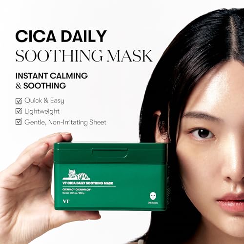 VT COSMETICS Daily Soothing Mask 30ea, Facial Sheet Mask for Moist & Hydrating, 30 Day Supply, Centella Asiatica Face Mask, Instant Calm & Glow, Korean Skincare