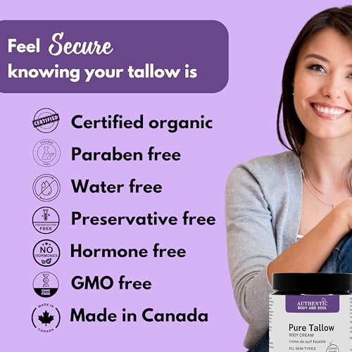 Certified Organic Beef Tallow with Organic Lavender for Sensitive Skin Cream. Delivers Intense Hydration for All Skin Types, Certified Grass-Fed by AGW, by Authentic Body And Soul (Lavender-4oz)