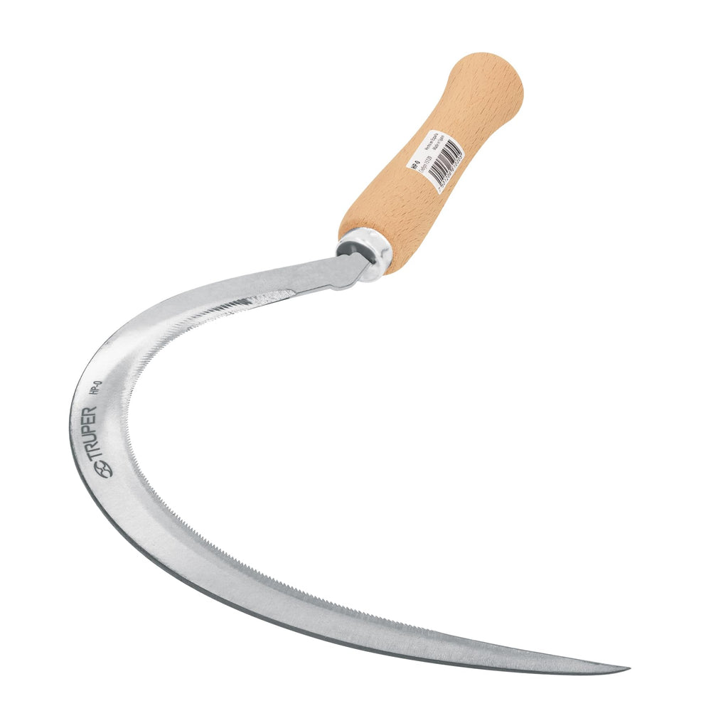 Truper Serrated Grass Sickle 16", High-Carbon Steel Blade, Lightweight Wooden Handle, Hand Scythe for Manual Harvesting and Weed Clearing (Model 15120)