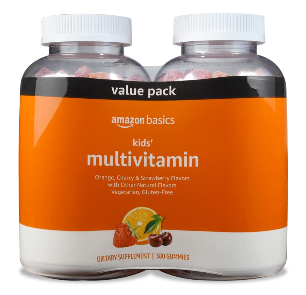 Amazon Basics Kids' Multivitamin Gummies, Cherry, Strawberry & Orange Flavors, 380 Count, 2 Packs of 190 (Previously Solimo)