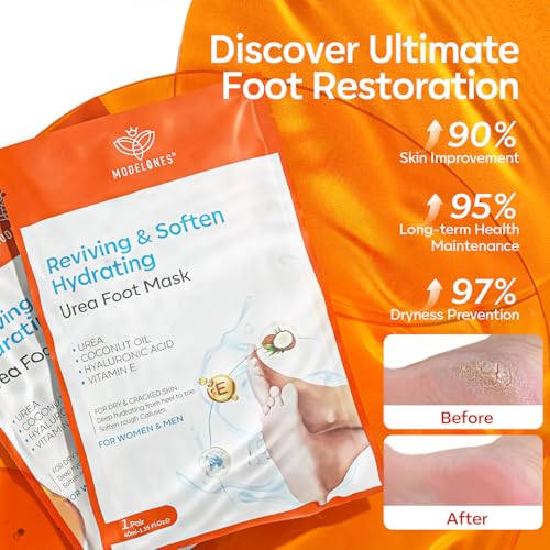 modelones 6 Pairs Hydrating Foot Mask for Dry Cracked Feet, Deep Moisturizing with Urea + Coconut Oil + Hyaluronic Acid+ Vitamin E, Foot Care for Women and Men, Soft Smooth Feet