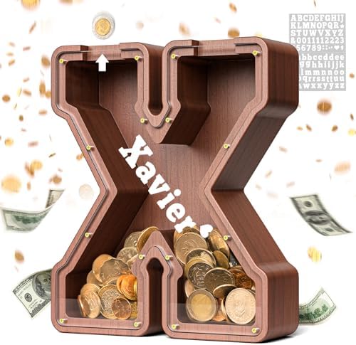 Summidate Wooden Letter Piggy Bank, Extra Thick Large Capacity Piggy Bank for Kids Boys Girls Toddler, Alphabet X Money Bank| Coin Box Birthday, Christmas, Festival