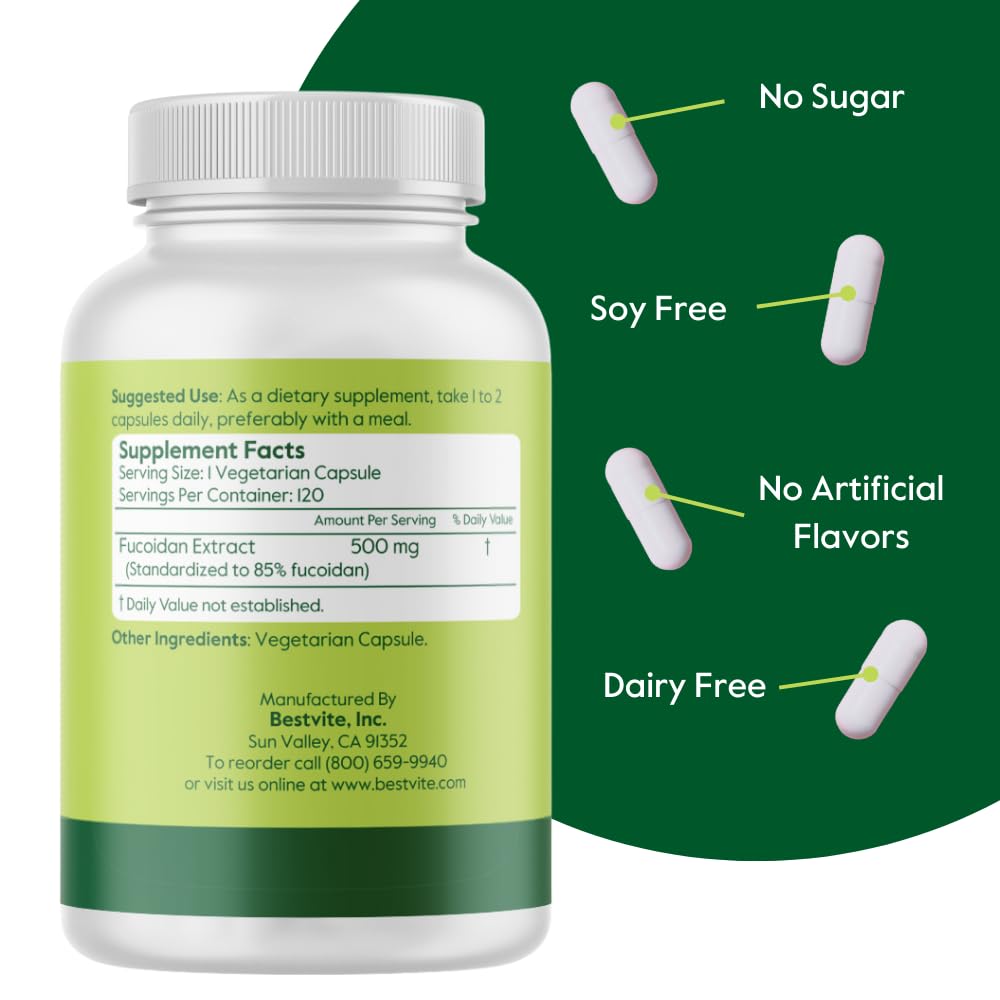 BESTVITE Fucoidan Extract 500mg (Standardized to 85% Fucoidan) (120 Vegetarian Capsules) No Fillers - No Stearates - No Flow Agents