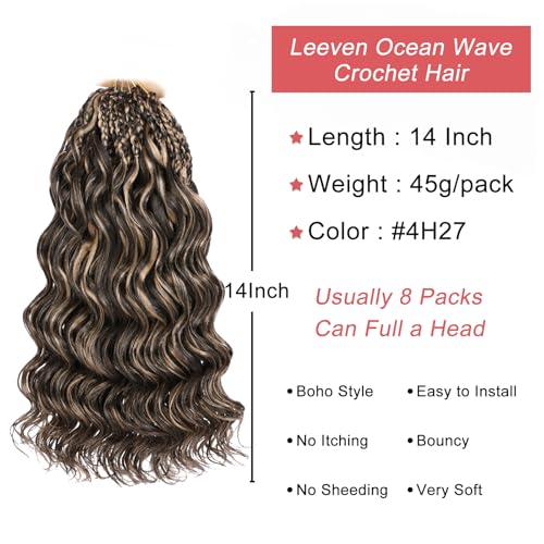 Leeven 14 Inch 8 Packs Short Curly Crochet Hair Pre Looped Boho Ocean Wave Crochet Hair Chocolate Brown Mix Honey Blonde Ocean Braids Pre Twisted Synthetic Deep Wavy Crochet Hair for Women