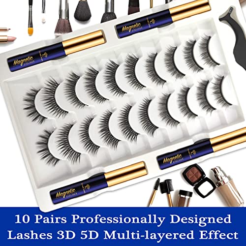 Magnetic Eyelashes 3D Medium Magnetic Lashes with Upgraded 4 Tubes of Magnetic Eyeliner, Waterproof,Natural Look,Long Lasting, Easy Reusable Fake Eyelashes 10 Pairs
