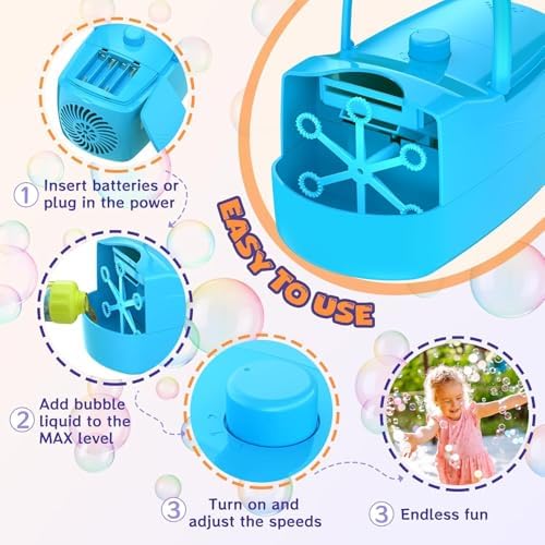 Bubble Machine, Automatic Bubble Blower for Kids, 18000+ Bubbles Per Minute with 2 Speed Settings, Battery/USB Powered Bubble Maker for Toddlers, Outdoor Birthday Parties, Weddings (Blue)