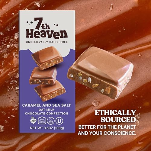 7th Heaven, Vegan Caramel and Sea Salt Oat Milk Chocolate Bars (3.5oz Full Size Candy Bars - 4 Packs) - Perfect for Easter Candy, Plant Based Dairy Free Chocolate with Peanut Butter Filling, Fair Trade Cocoa & Coconut Oil, Kosher Parve