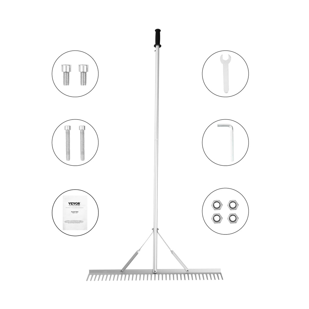VEVOR Landscape Rake, 36" Head Aluminum Lake Weed Rake with 75" Long Handle for Loosening Soil, Lawn Care, Weeding Lake, Garden, Silver