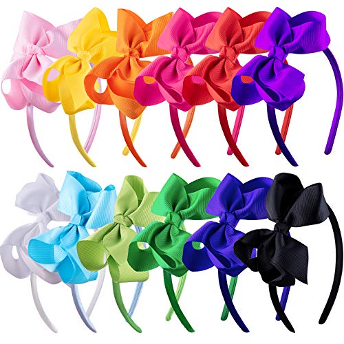 SIQUK 12 Pieces Headbands with Ribbon Bow for Girls, Hair Bow Boutique Grosgrain Headbands, 12 Colors