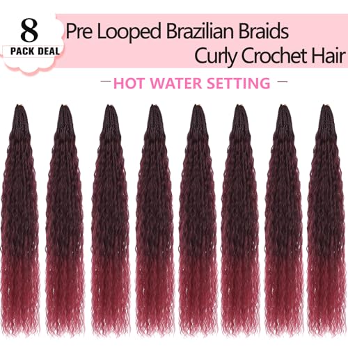 Xtrend Pre looped Brazilian Braids Afro Curly Crochet Braiding Hair Yaki Kinky Micro Curly Water Wave Crochet Hair 24 Inch 8 Packs Synthetic Deep Wave Mini Boho Braids For Women(30Strands/Pack，TBUG#)