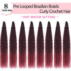 Xtrend Pre looped Brazilian Braids Afro Curly Crochet Braiding Hair Yaki Kinky Micro Curly Water Wave Crochet Hair 24 Inch 8 Packs Synthetic Deep Wave Mini Boho Braids For Women(30Strands/Pack，TBUG#)
