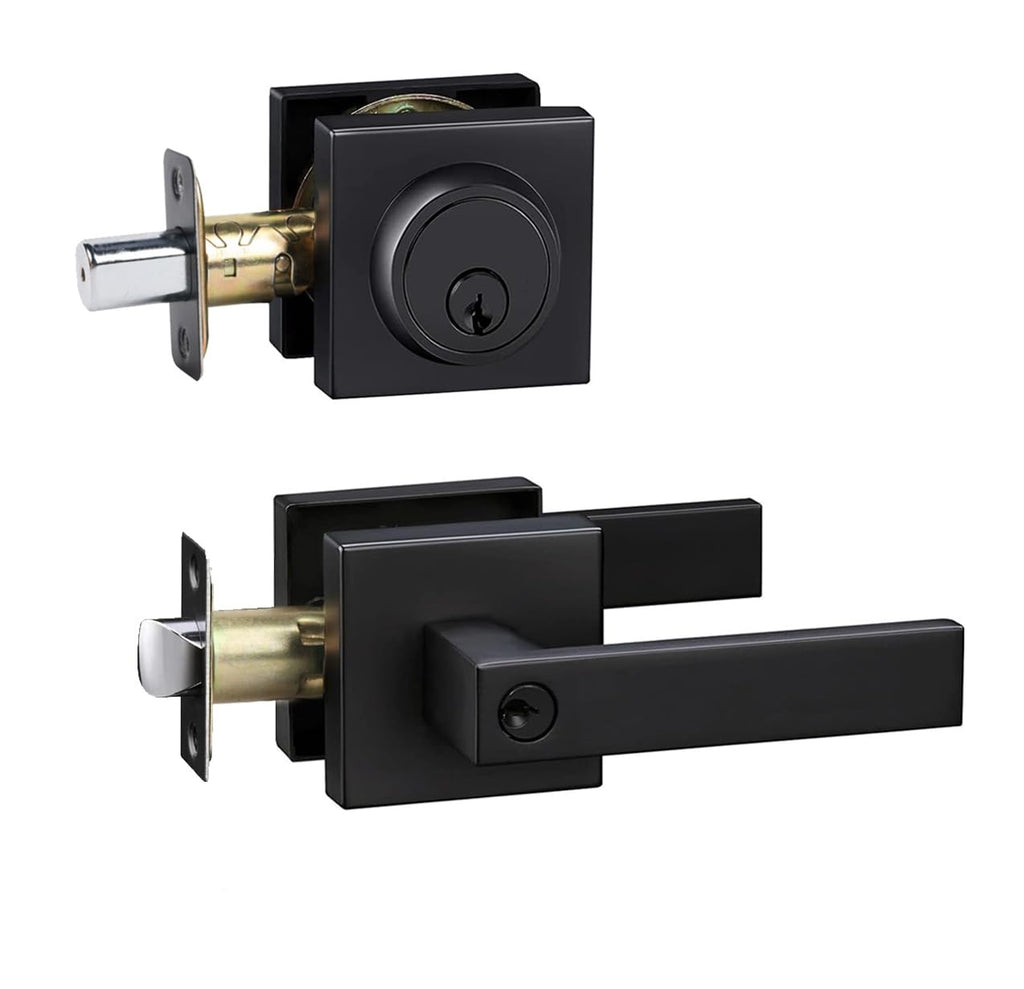 Front Door Lock Set Exterior Door Lock Set,Door Handle with Single Cylinder Deadbolt Lock,Keyed Alike Door Locks for Front Door(Matte Black,1Pack Set)