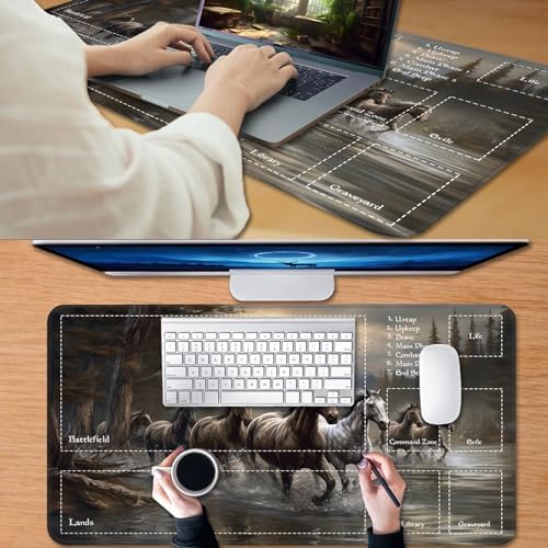 for MTG Game Playmat, for Magic TCG Rubber Play mat,Tabletop Card Playmats with Smooth Surface,Trading Card Inked Game Mat with Zones,Battle Game,Horses in River