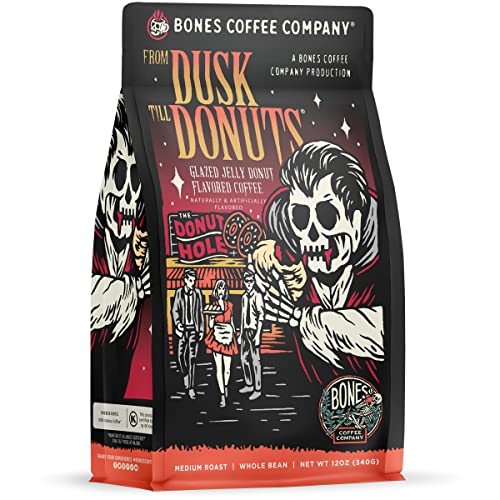 Bones Coffee Company From Dusk Till Donuts Flavored Coffee Beans, Whole Bean Coffee Medium Roast Low Acid, Jelly Donuts Flavor (12 oz)