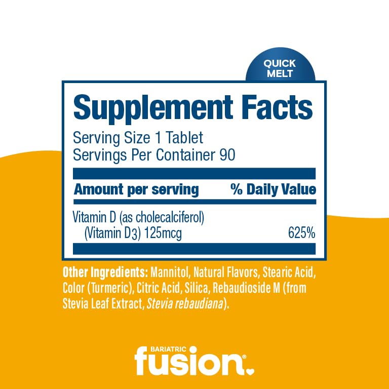 Bariatric Fusion Dissolvable Vitamin D3 5000 IU Quick Melt | Lemon Citrus Flavored Chewable Vitamin D Supplement | Healthy Bone Support* | Gluten, Dairy, and Soy Free | 90 Fast Melting Tablets