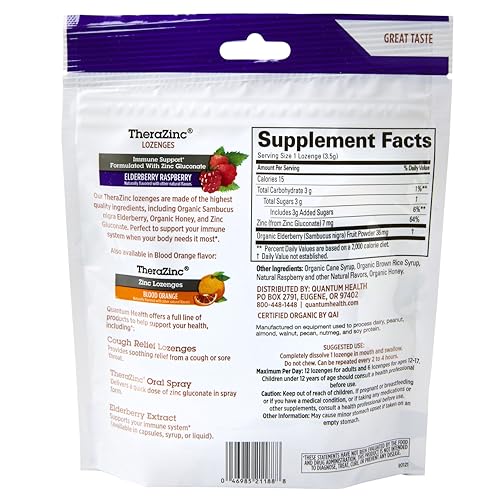 Quantum Health TheraZinc Organic Zinc Lozenges, Elderberry Sambucus Raspberry & Honey, Immune Support for Adults & Kids 12+, Fast Relief, No Aftertaste, 18 Count (Package May Vary) (Pack of 2)