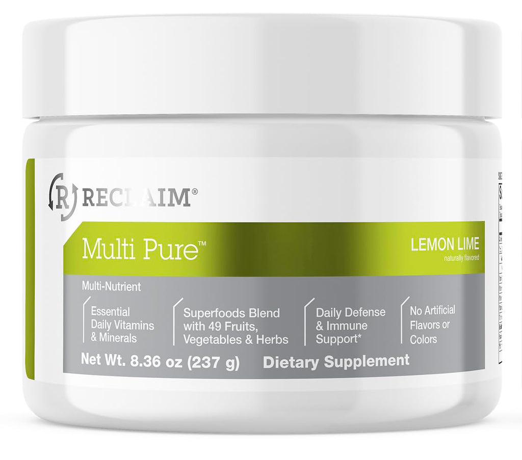 Reclaim Multi Pure Lemon Lime, Immune Support, Vitamin C, Vitamin B Complex, Probiotic, Superfood Powder, Calcium, Magnesium Oxide, (30 Servings) (Lemon Lime)