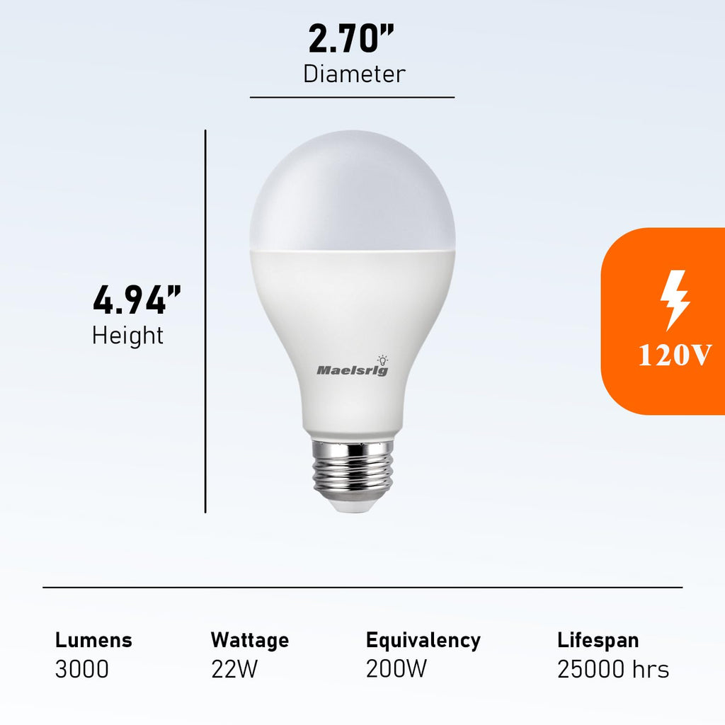 Maelsrlg 200 Watt Equivalent LED Bulb, A21 22W 3000 Lumen Light Bulb, Warm White 3000K, Non-Dimmable E26 Medium Base 120V-High Output 200 Watt LED Light Bulb for Home, Garage, Basement, 4-Pack