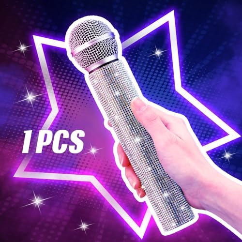 Sanwuta Fake Microphone Prop Sparkly Bling Rhinestones Plastic Play Microphone Pretend Glitter Bedazzled Mic for Cosplay Party Costume(AB Color)