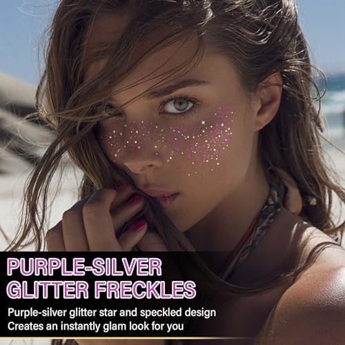 10 Pcs Purple-Silver Dual-Tone Glitter Freckles, Double Colors Glitter Face Tattoo, Waterproof Face Sparkle, Long-Lasting 48h Freckles for Women