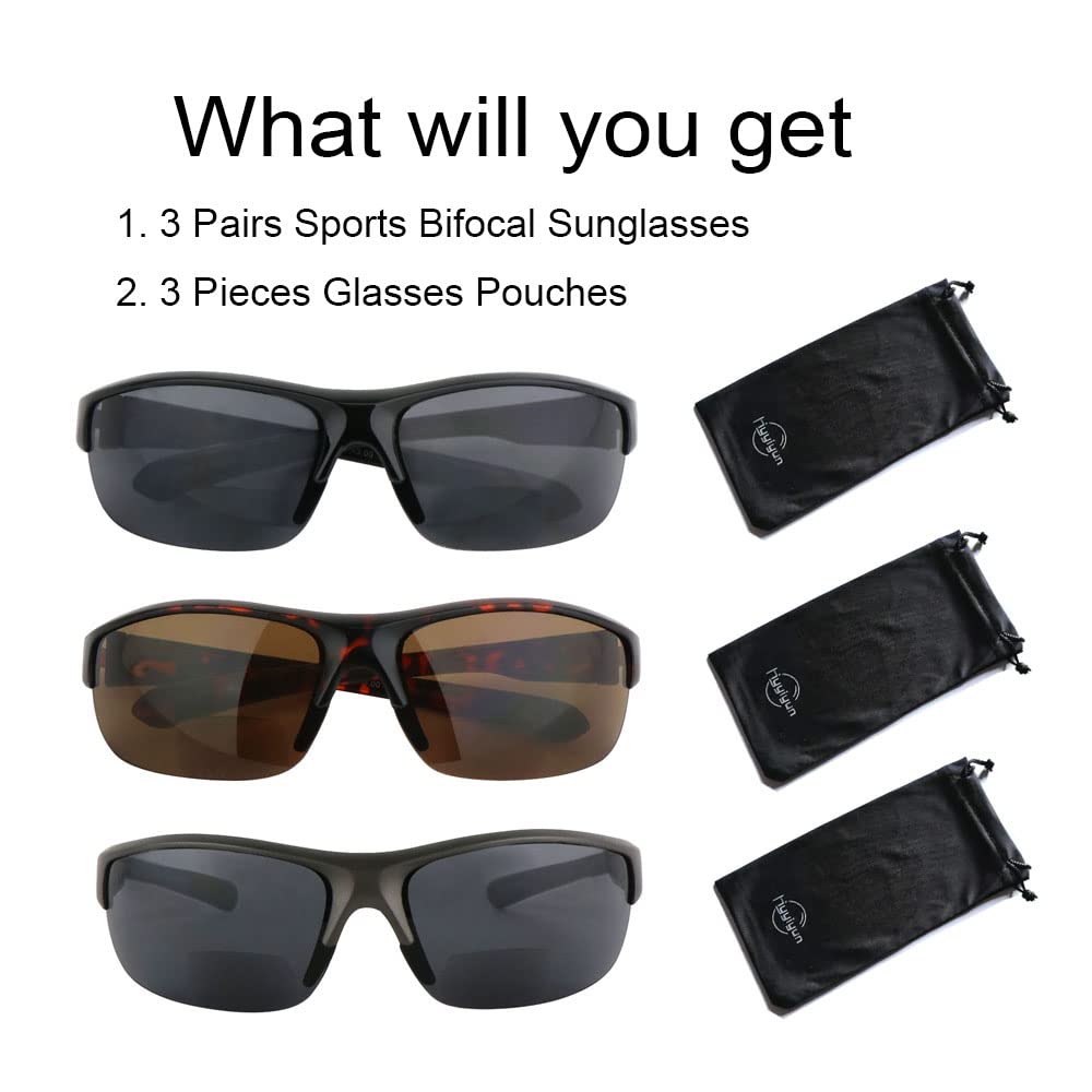 Hyyiyun 3 Pairs Bifocal Wrap Around Sunglasses for Men and Women, Sun Reader UV Protection with 3 Microfiber Pouch