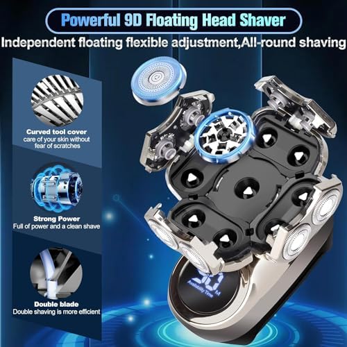 9D Head Shavers for Bald Men, Upgraded 6-in-1 Mens Grooming Kit, Detachable Bald Head Shavers for Men, Wet/Dry LED Display, Travel Lock Electric Razor for Men with Type-C Charge