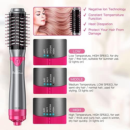 Brightup Blow Dryer Brush & Volumizer with Negative Ionic Technology, Detachable & Interchangeable Brush Head, Hair Dryer Brush for Curling, Smoothing & Styling, Heat Protective Glove Included