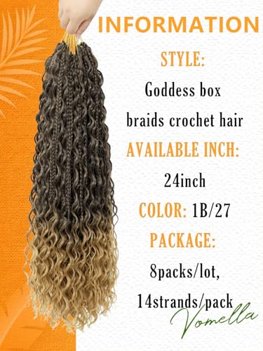 Goddess Box Braids Crochet Hair for Women 24 Inch 8 Packs Boho Crochet Box Braids with Curly Ends Bohemian Pre-looped Box Braids Crochet Braiding Hair Extensions(24inch,1B/27)