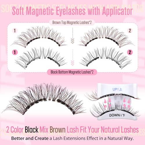 JIMIRE Magnetic Eyelashes with Applicator Soft Magnetic Lashes Black+Brown Reusable Comfortable Magnetic Eyelashes Natural Look Lash Primer No Glue No Eyeliner Needed Soft Magnets Eyelashes