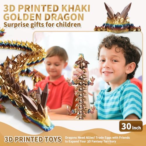 Large 3D Printed Dragon,30 Inch 3D Dragon Toys,Bigger Fidget Crystal Animals Toys, 3D Printed Articulated Animals for Home Office Car Desk Decor(Khaki Gold, 30 inch)