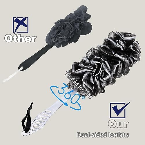 2Pack Back Scrubber for Shower, Dual-Sided Loofah on a Stick as Shower Brush Exfoliating Body with Long Handle, Loofah Sponge Mens Loofah Bathing Accessories for Women (2Pack Black)