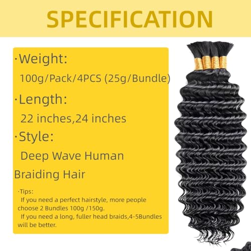 Human Braiding Hair for Boho Braids Deep Wave Bulk Human Hair 100g 24 Inch Curly Human Hair Extensions for Boho Braids Wet and Wavy Human Hair 4 Bundles/Pack Natural Color