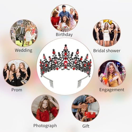 CURASA Black Tiaras for Women Red Gothic Crown for Women Girls Queen of Hearts Crown Quinceanera Tiara Princess Crowns Royal Queen Crown Baroque Vintage Crown for Halloween Costume Birthday Cosplay